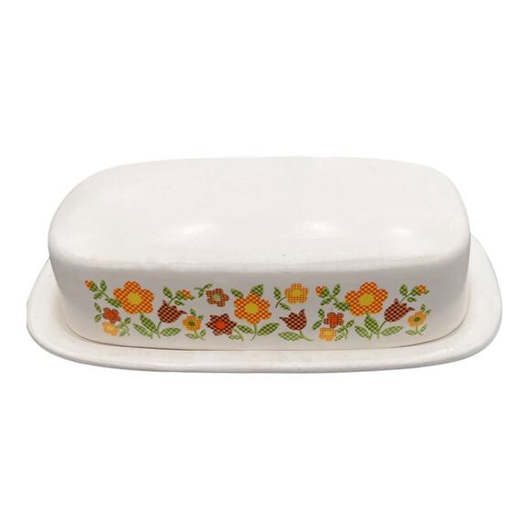 McCoy Covered Butter Dish Mid Century White Floral Daisy Chain Heavy Pottery EUC - Picture 1 of 6